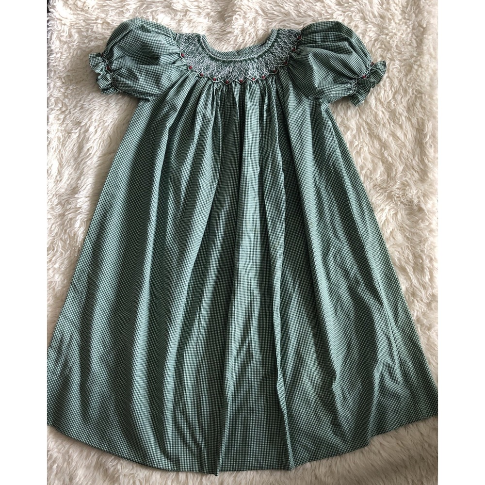 Vintage Smocked Green White Gingham Red Accents Girls 6 Timeless Precious